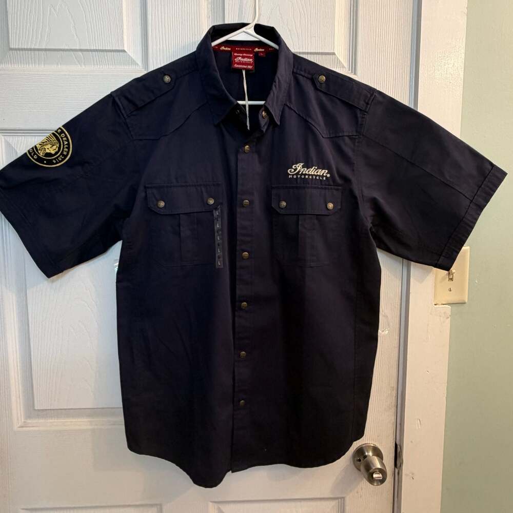 Indian Motorcycle Men's Shirt Navy Size Large Indian Head Embroidered on Sleeve